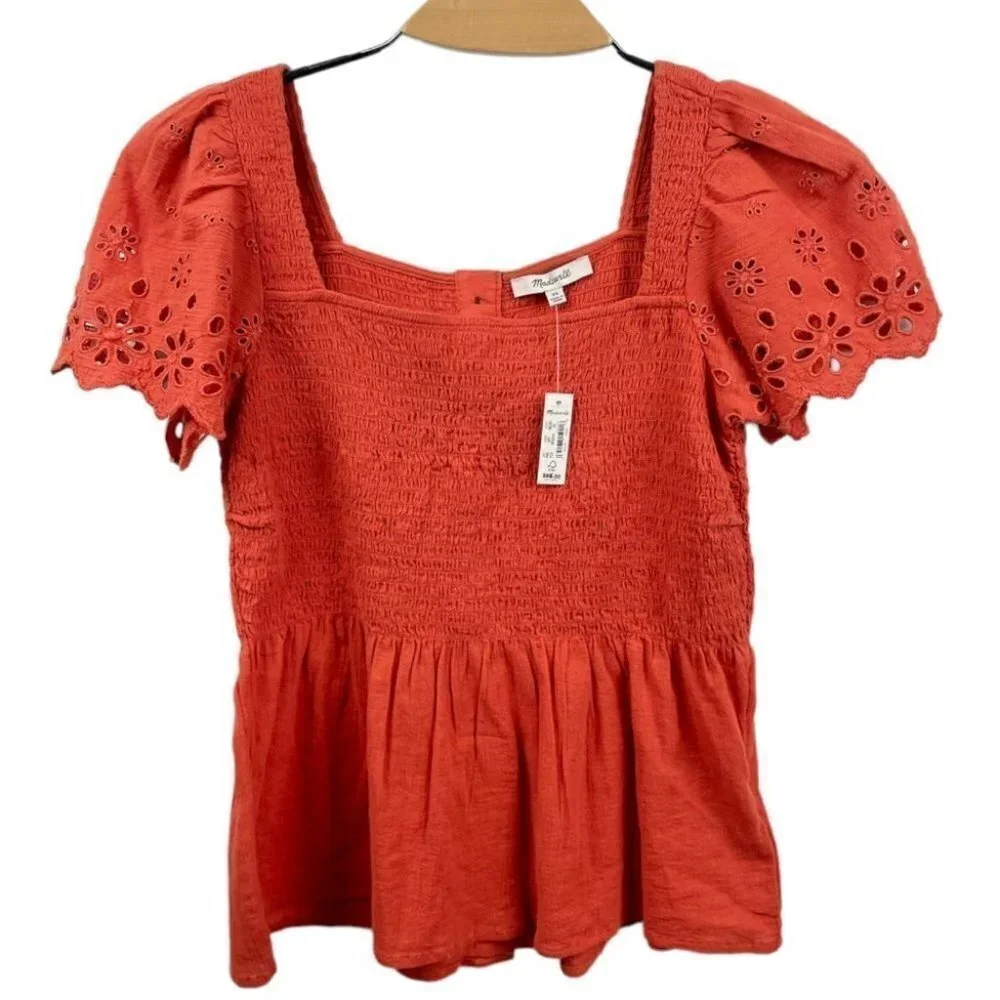 * NEW Madewell Eyelet-Sleeve Lucie Orange Smocked Peplum Top Size XS - Picture 2 of 5